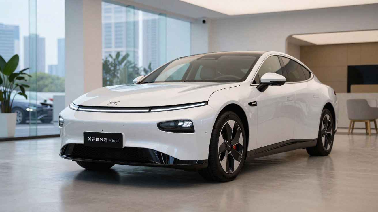 Carro elétrico branco Xpeng P7 em exposição interna com janelas amplas e plantas ao fundo.