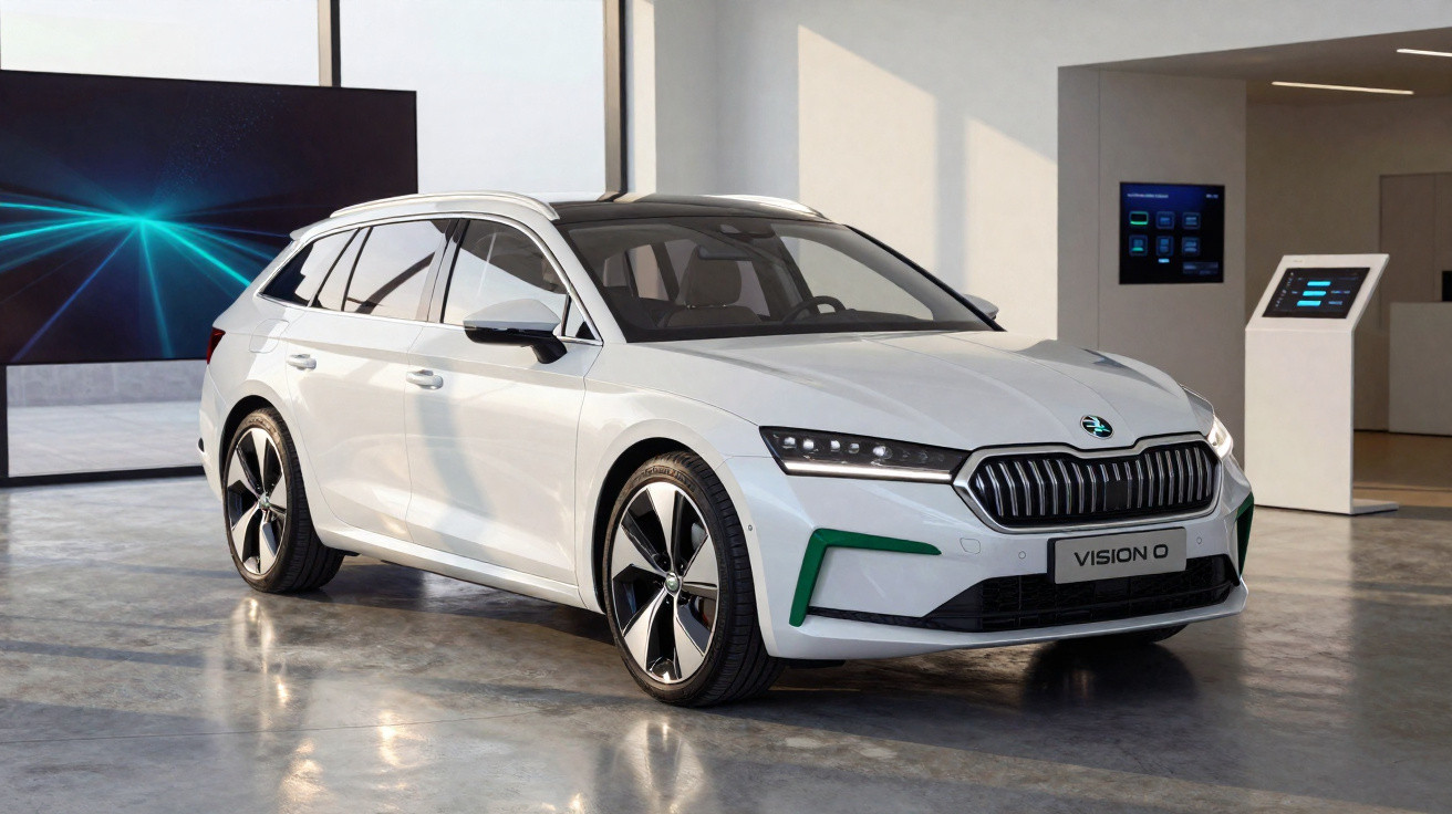 Carro elétrico branco Skoda Vision 0 estacionado dentro de um showroom moderno e iluminado.