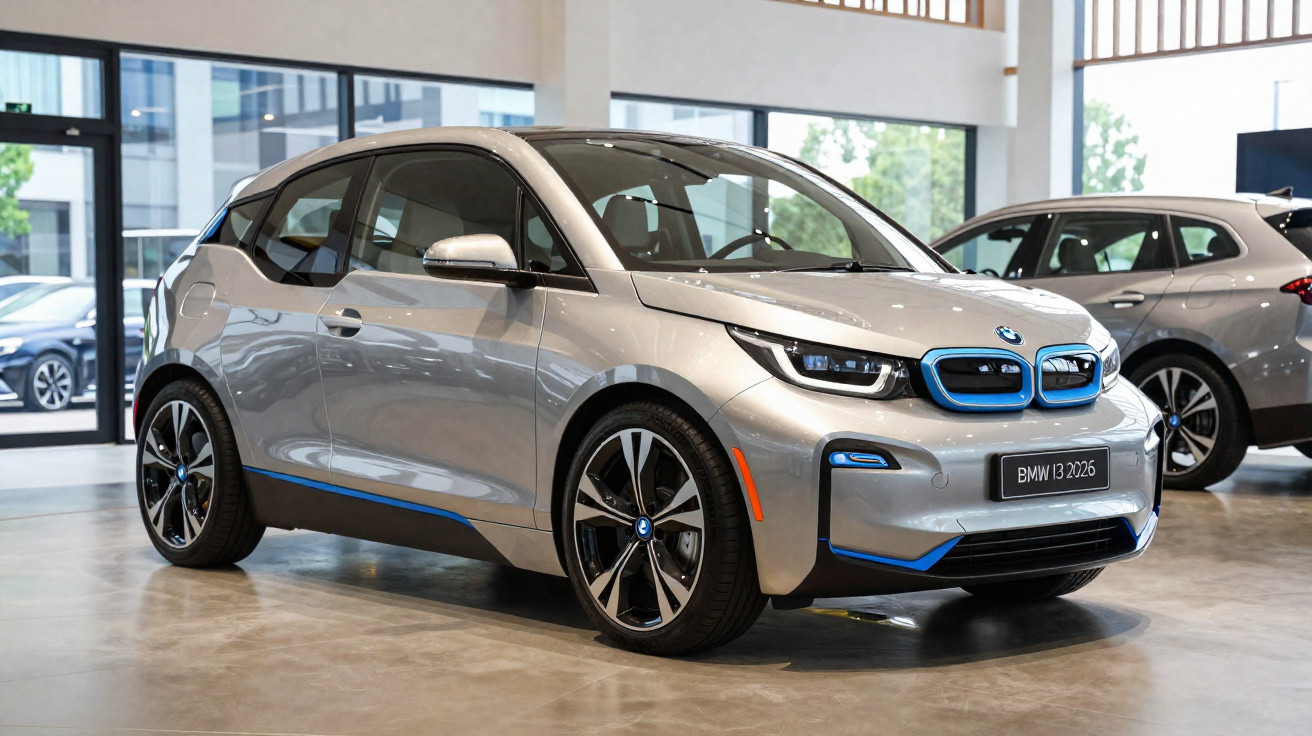 Carro elétrico BMW i3 2026 prata em exposição dentro de showroom moderno com outros veículos ao fundo.