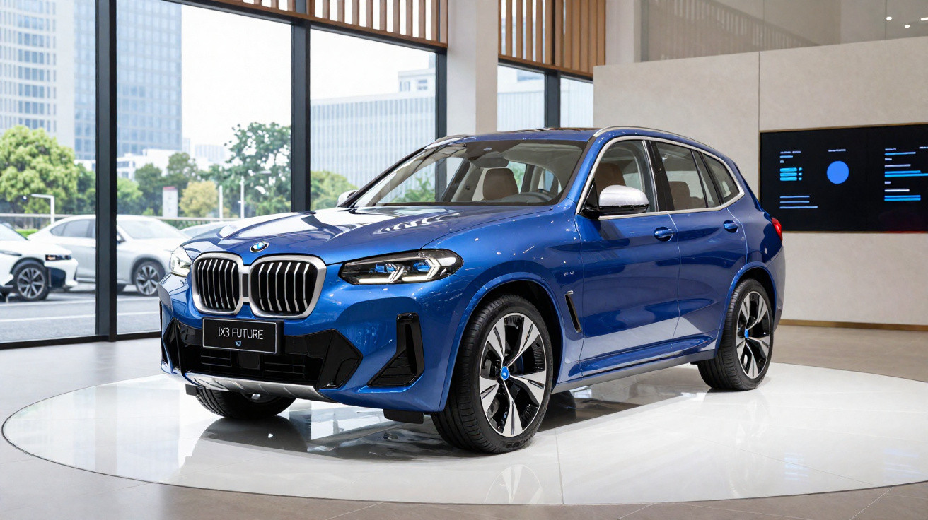 Carro BMW X3 Future azul exposto em showroom moderno com grandes janelas e carro branco ao fundo.