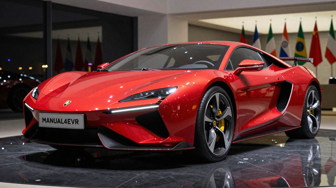 Carro esportivo vermelho brilhante estacionado em ambiente interno com bandeiras ao fundo.