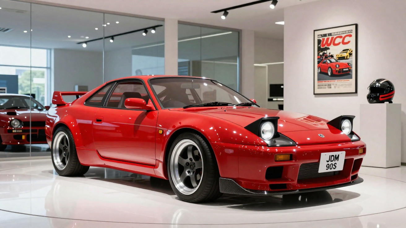 Carro esportivo vermelho com faróis retráteis em exposição em ambiente moderno e iluminado.