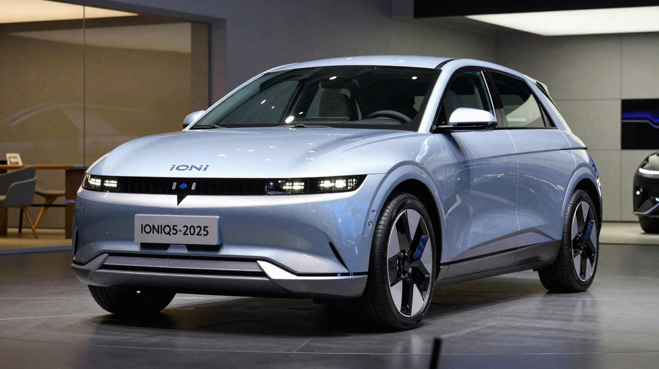 Carro elétrico Hyundai Ioniq 5 2025 prata exibido em showroom moderno.