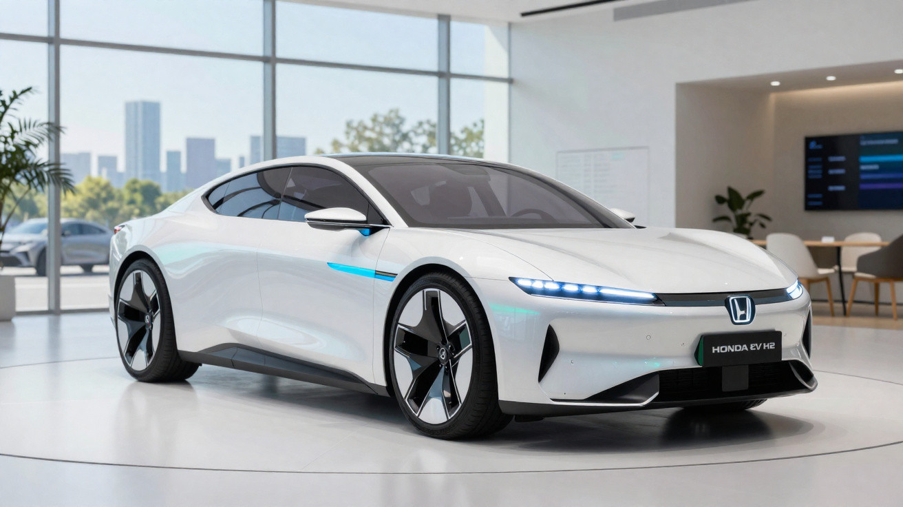 Carro elétrico branco Honda EV H2 em showroom com design futurista e rodas grandes.