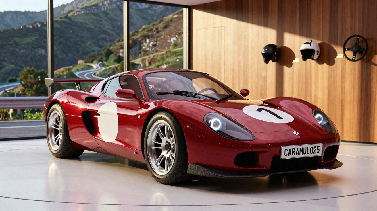 Carro esportivo clássico vermelho com número 7 em exposição em sala com paredes de madeira e vista para montanhas.