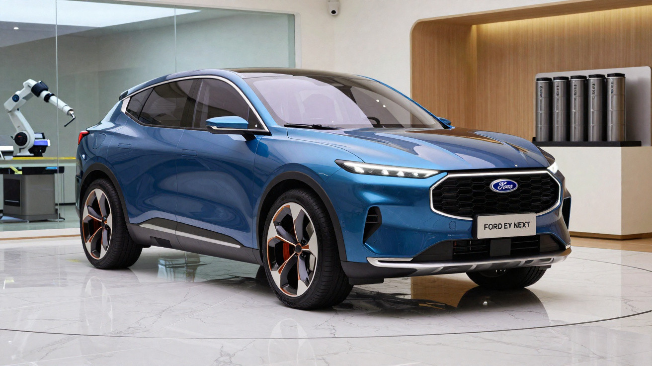 Carro elétrico azul Ford Ey Next exibido em ambiente interno moderno com piso branco e parede de madeira.