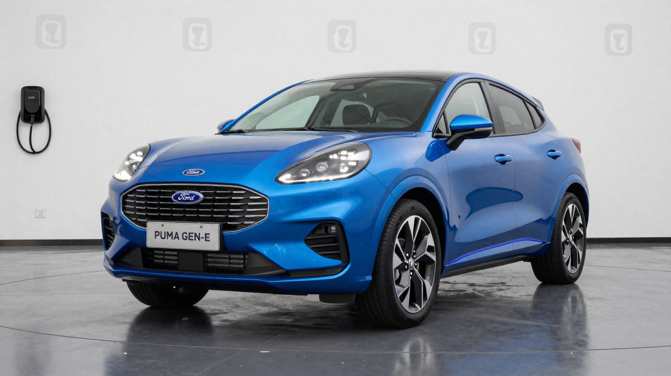 Carro elétrico azul Ford Puma Gen-E em ambiente interno com carregador na parede.
