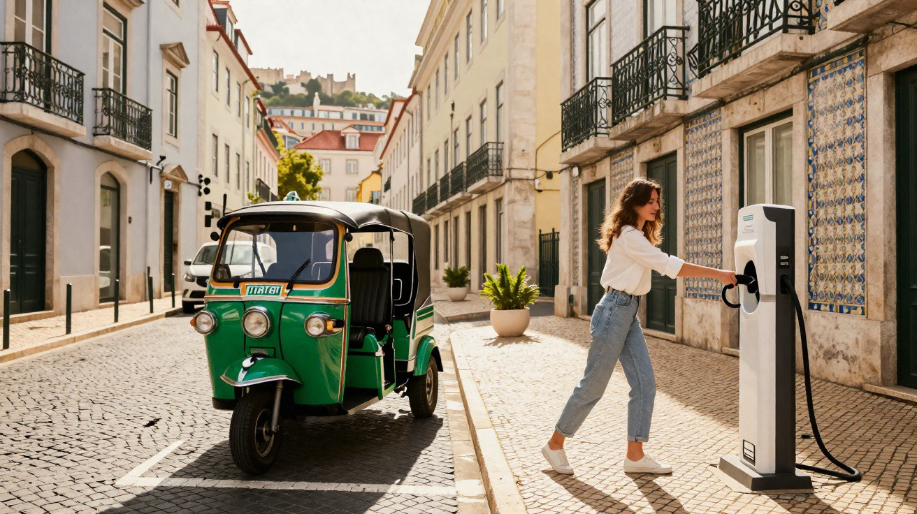 Mulher conecta tuk-tuk elétrico verde em estação de recarga na rua com prédios históricos.