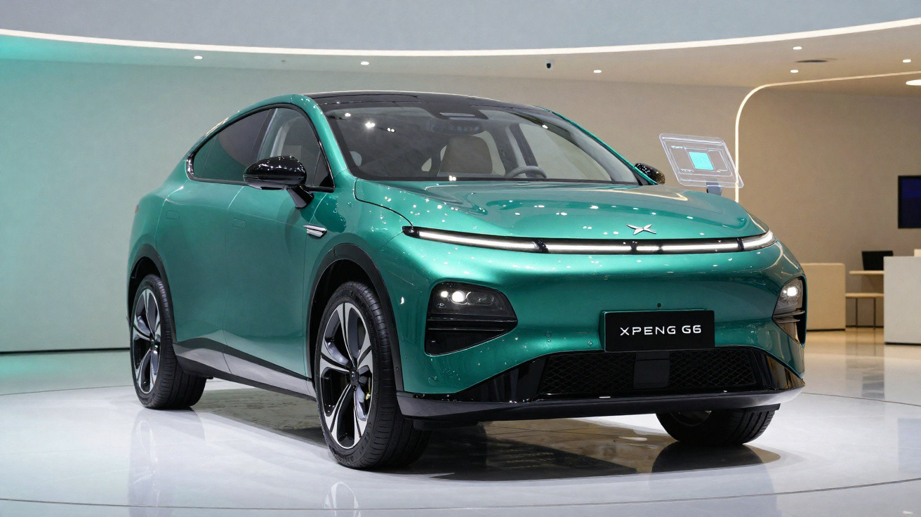 Carro elétrico verde XPeng G6 em exposição com design moderno e esportivo.