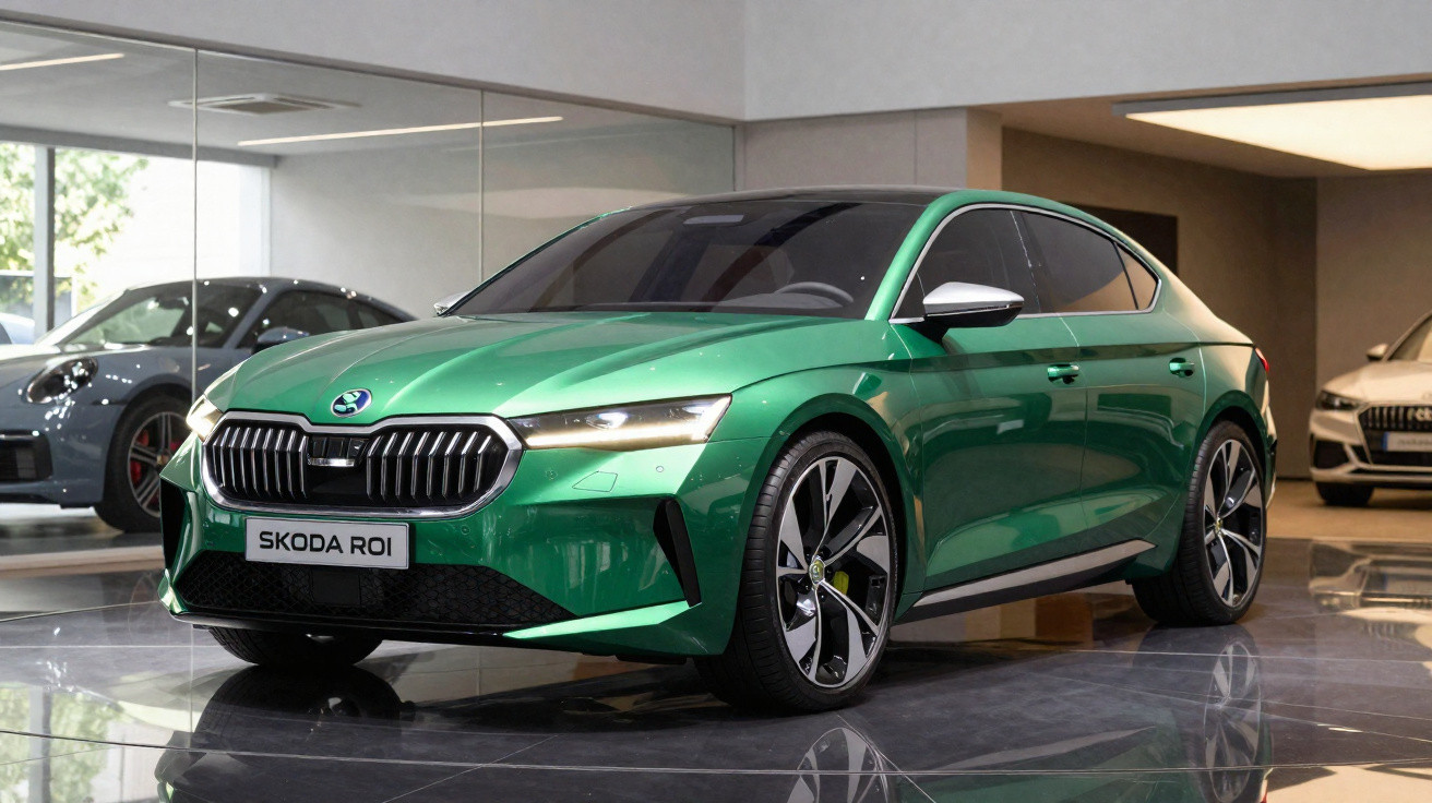 Carro verde Skoda Roi exibido em showroom moderno com piso refletivo e espelhos nas paredes.