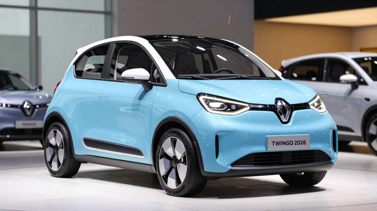Carro elétrico Renault Twingo 2026 azul claro com teto preto exposto em salão automotivo.
