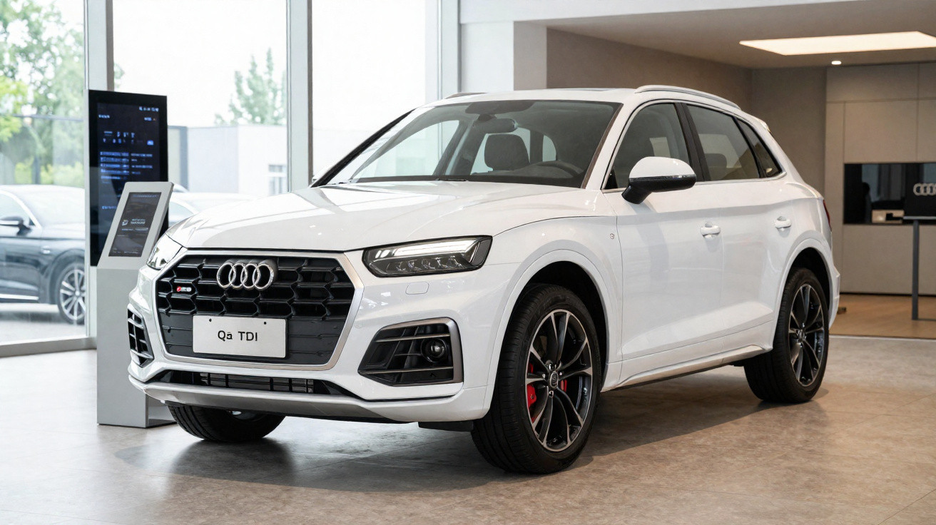 Carro SUV branco Audi Q5 TDI estacionado em showroom moderno e iluminado.