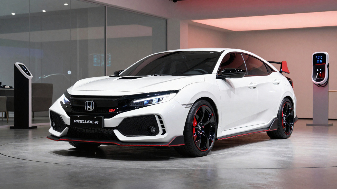 Carro esportivo branco Honda Civic Type R CVT 2024 em exposição interna, com rodas pretas e detalhes vermelhos.