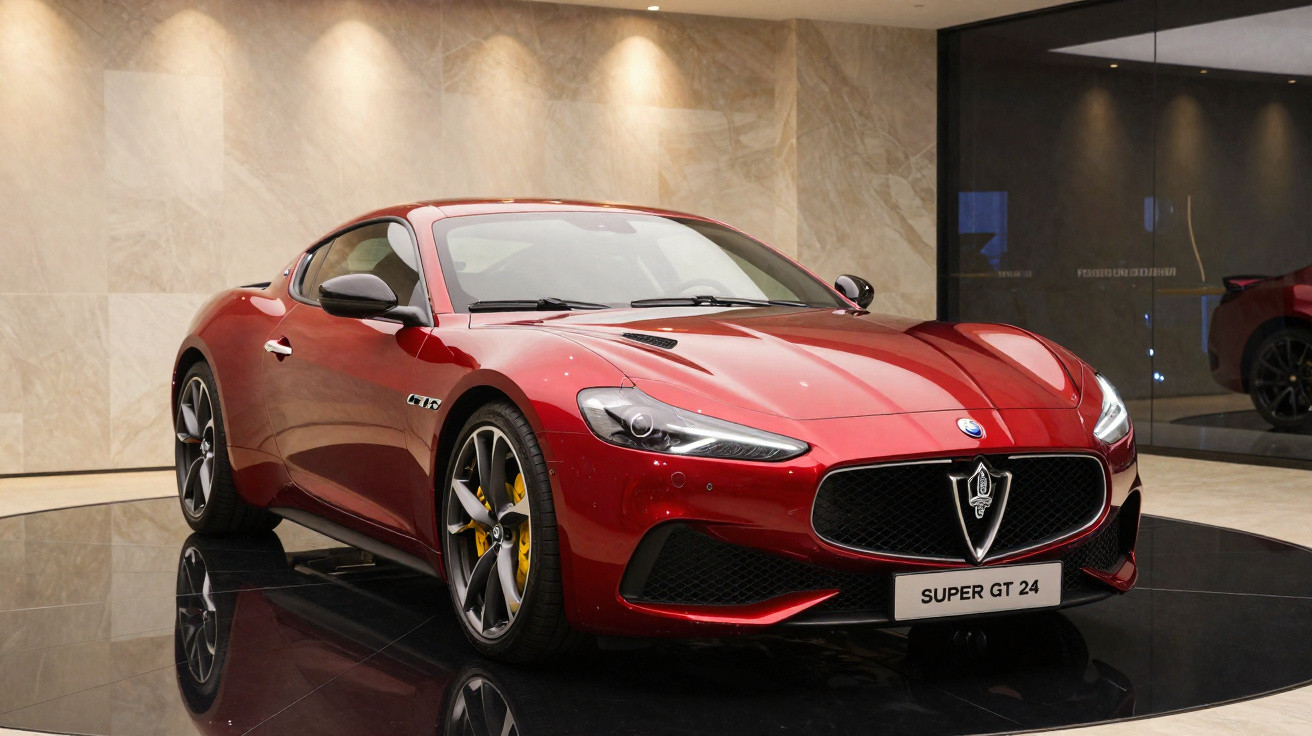 Carro esportivo vermelho Maserati Super GT 24 exibido em ambiente interno com piso espelhado.