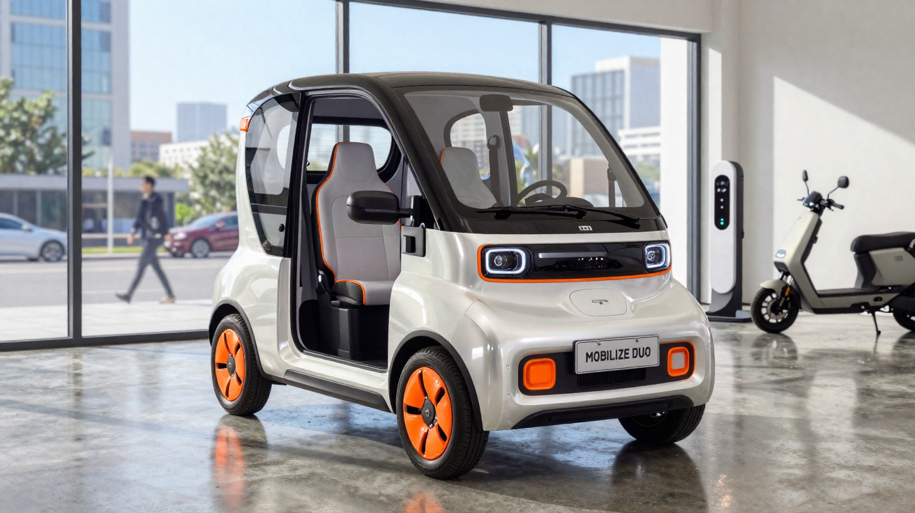Carro elétrico compacto branco com detalhes laranja estacionado em ambiente interno moderno.