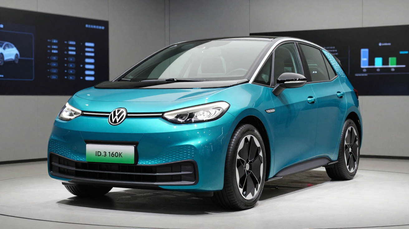 Carro elétrico Volkswagen ID.3 160K azul exposto em salão com painéis digitais ao fundo.