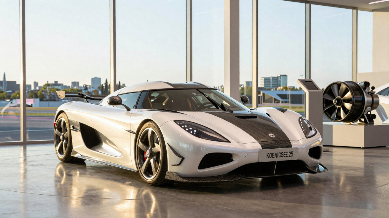 Carro esportivo branco Koenigsegg em exposição dentro de showroom com grandes janelas ao fundo.