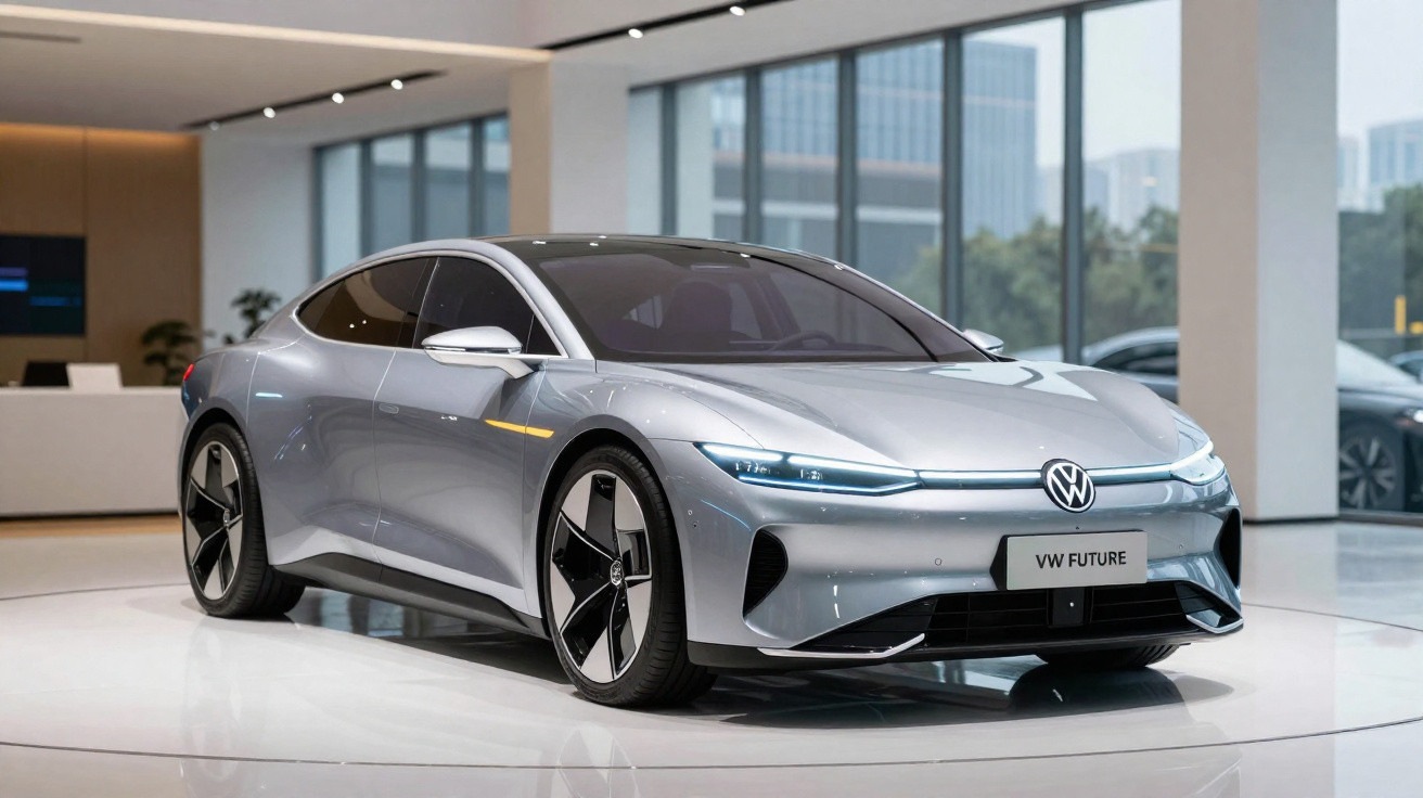 Carro elétrico Volkswagen Future prata em exposição em ambiente interno moderno.