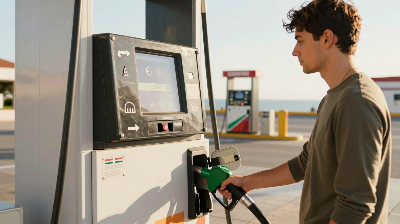 Homem abastecendo carro em posto de gasolina ao ar livre em dia claro.