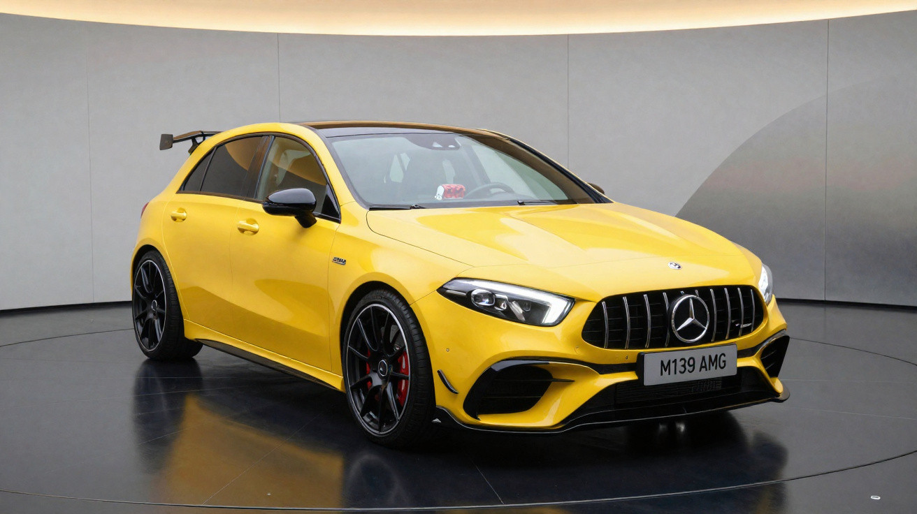 Carro esportivo Mercedes-Benz AMG amarelo exibido em estúdio com fundo cinza.