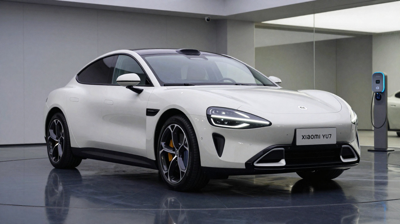 Carro esportivo branco Xiaomi YU7 elétrico em showroom moderno com chão brilhante e parede espelhada.