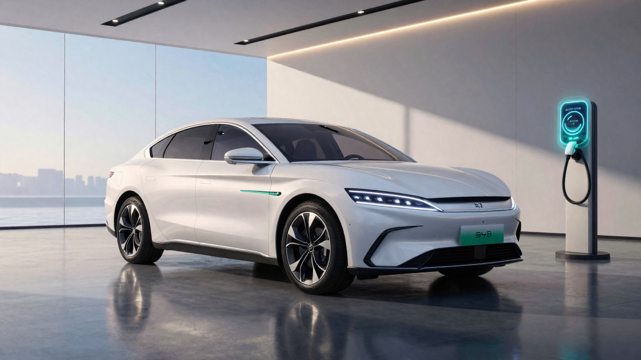 Carro elétrico branco estacionado em ambiente com parede clara e carregador conectado na parede.