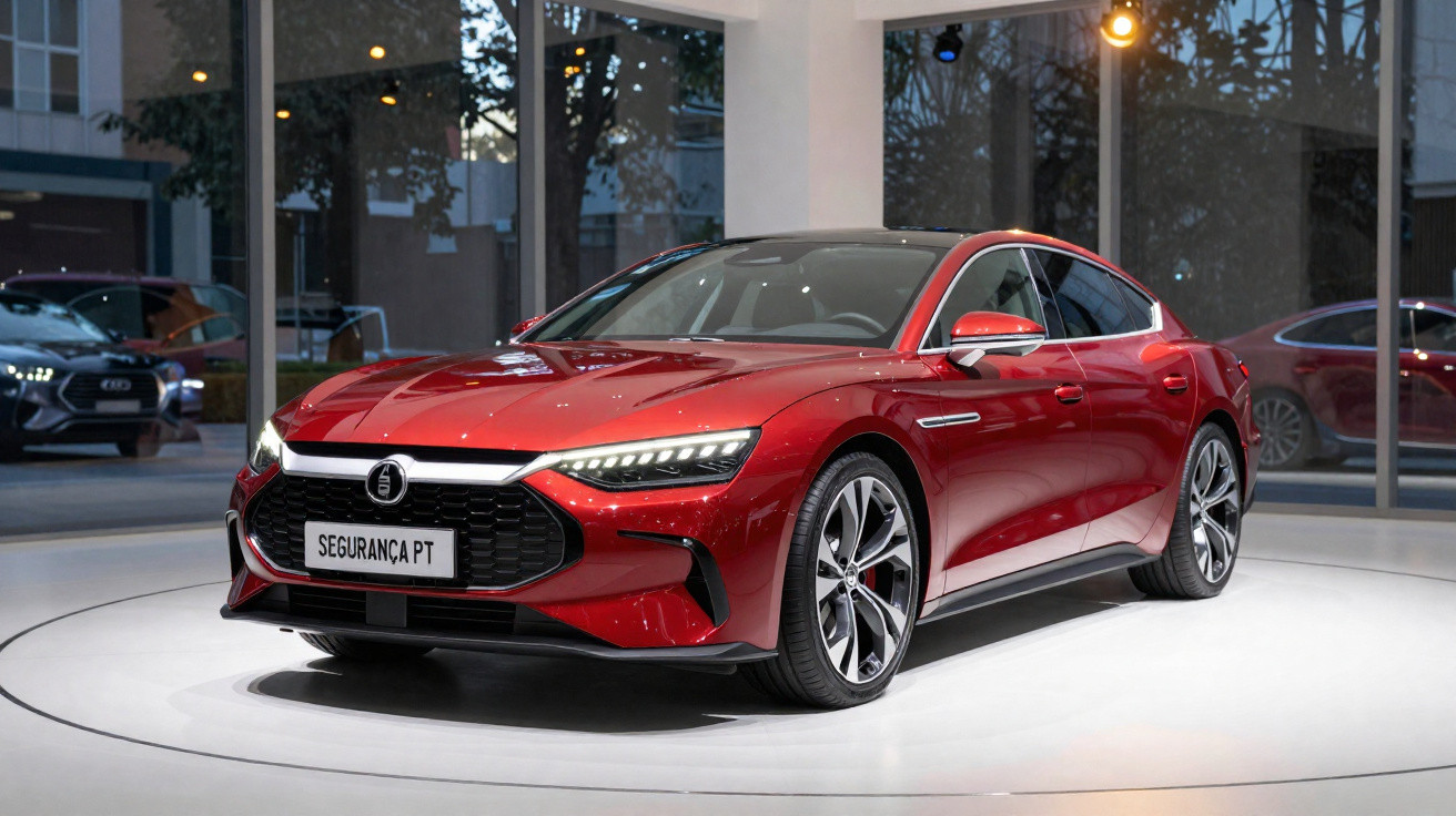 Carro esportivo vermelho em exposição dentro de salão com janelas de vidro ao fundo.