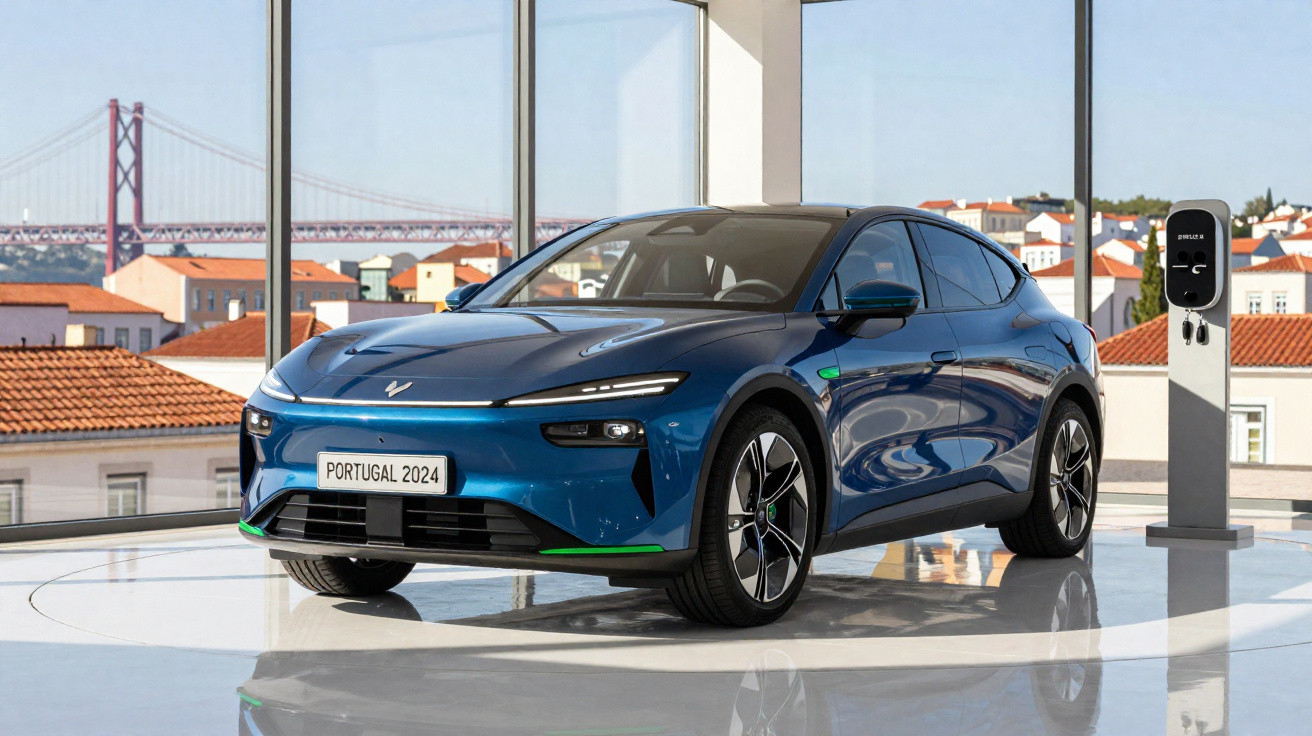 Carro elétrico azul estacionado em ambiente interno com janela grande e estação de recarga ao lado.