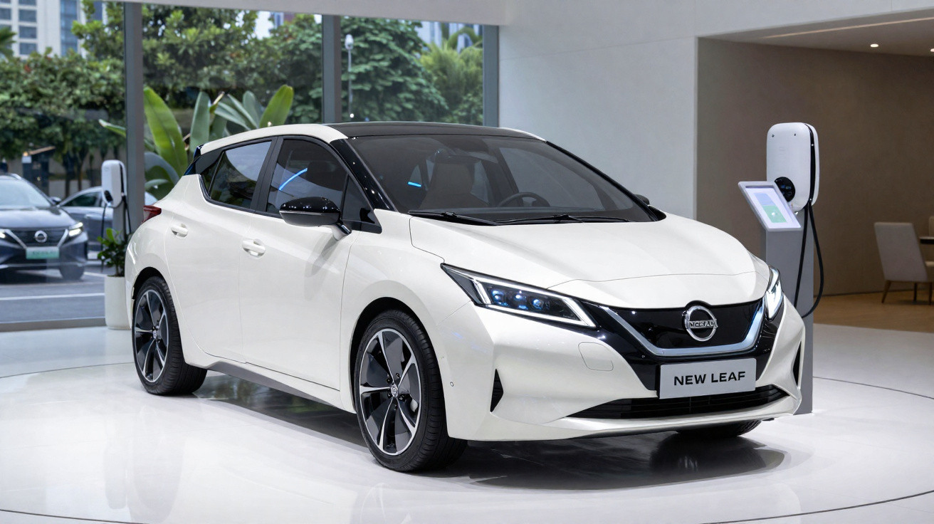 Carro elétrico branco Nissan New Leaf exibido em ambiente interno com estação de recarga ao fundo.