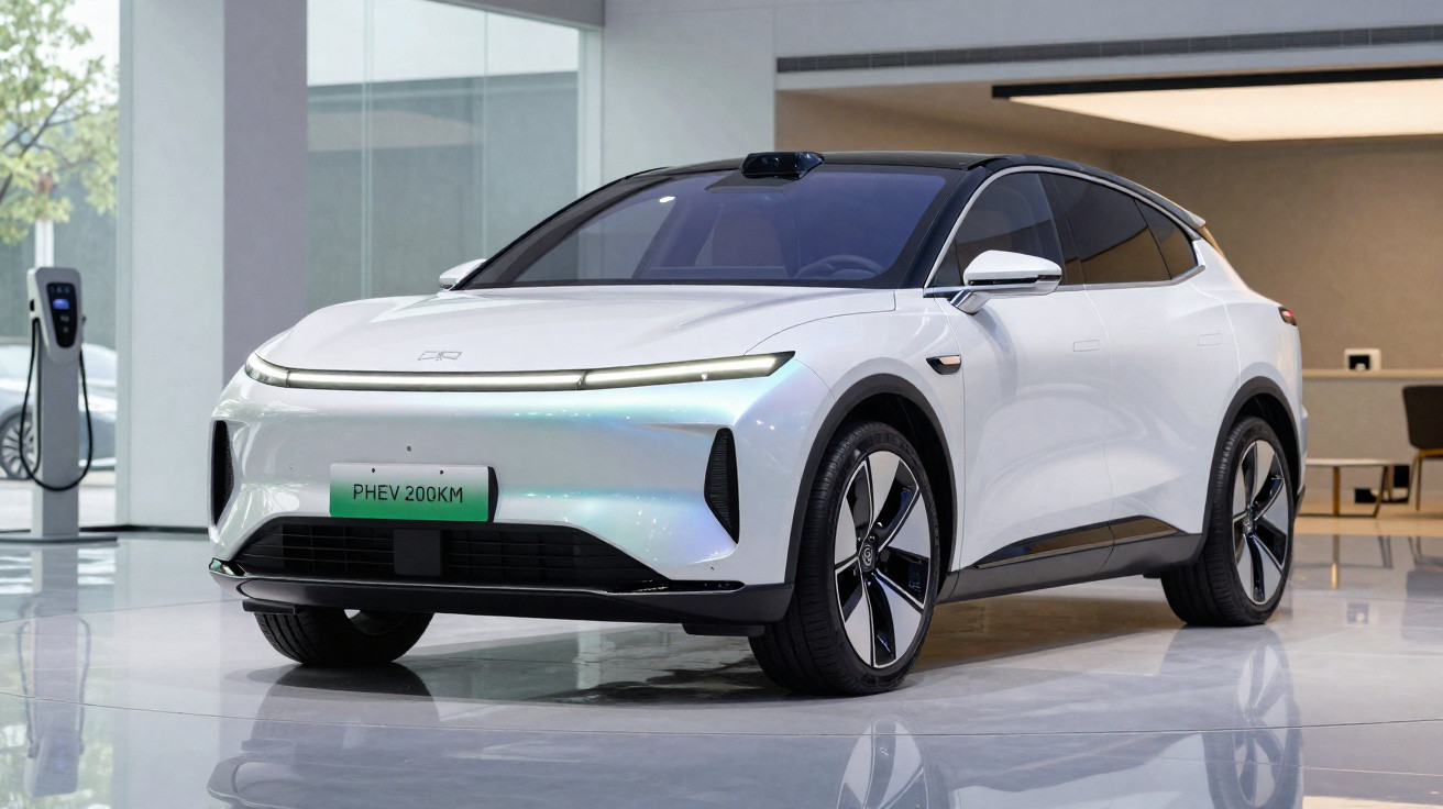 Carro elétrico branco, moderno, exposto em showroom com estação de recarga ao fundo.
