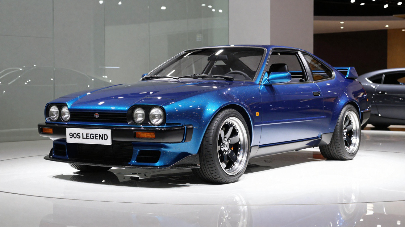 Carro esportivo azul metálico dos anos 90 exibido em plataforma branca em salão de automóveis moderno.