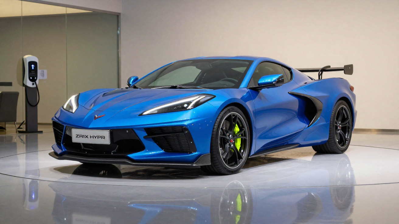 Carro esportivo azul elétrico aparcado em piso brilhante com carregador na parede ao fundo.