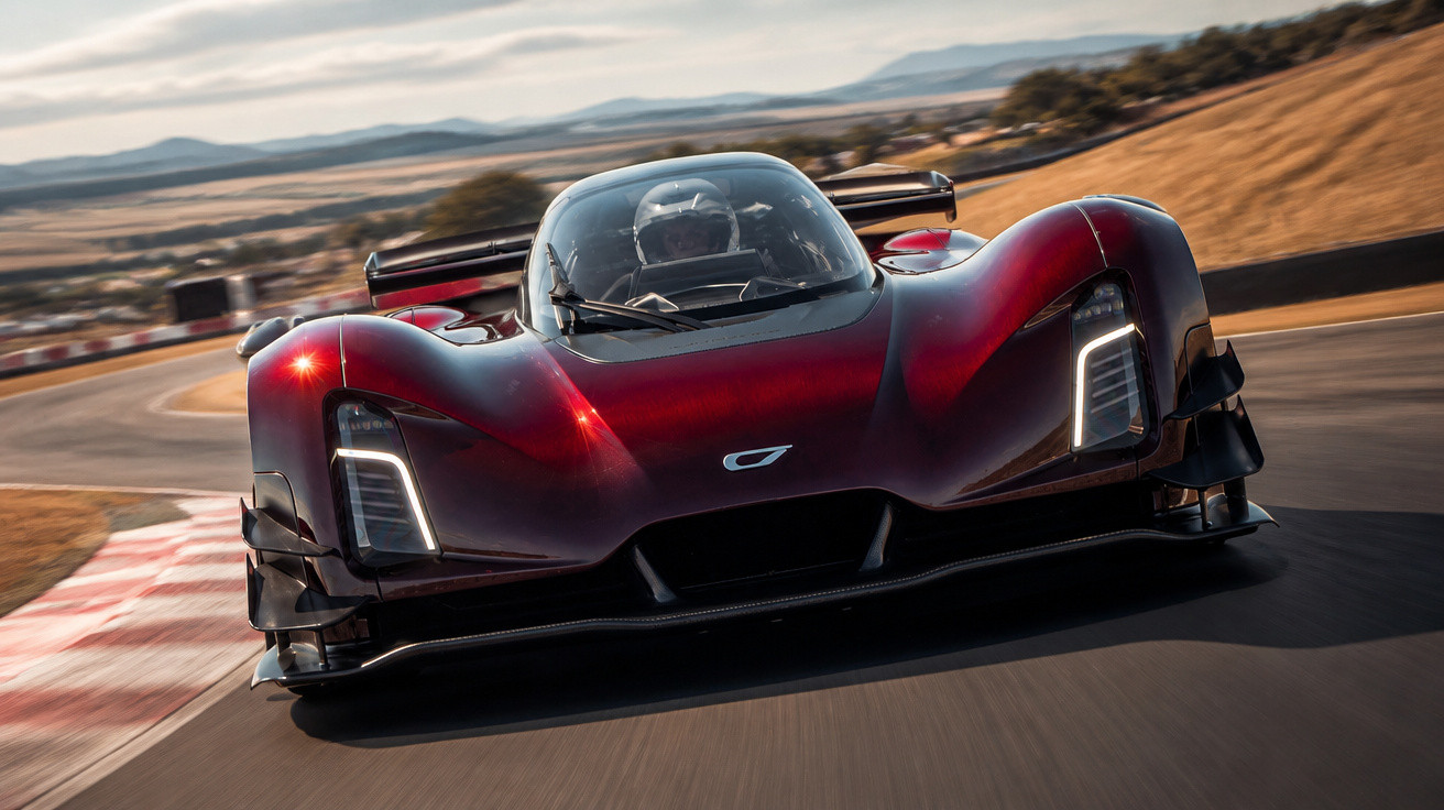 Carro esportivo vermelho de alta performance em pista de corrida com curvas ao fundo.