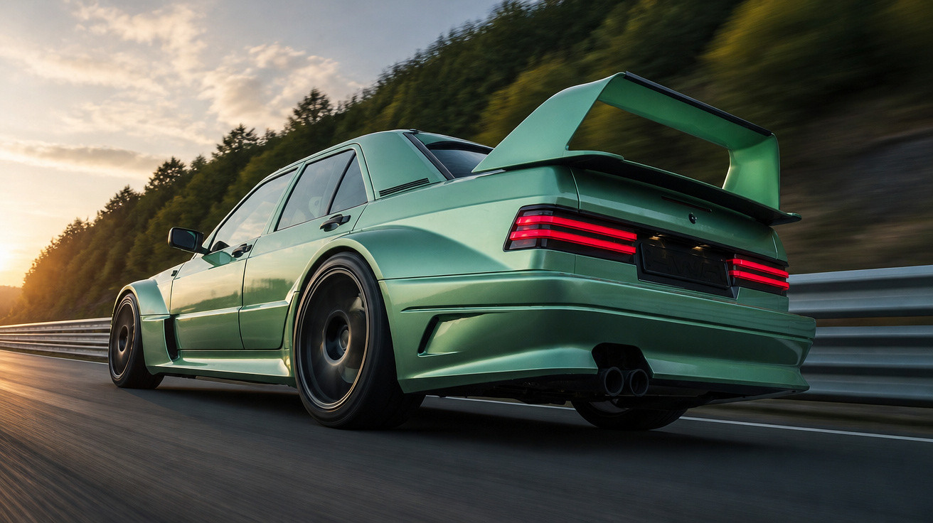 Carro esportivo verde metálico com aerofólio grande acelerando em estrada ao pôr do sol.