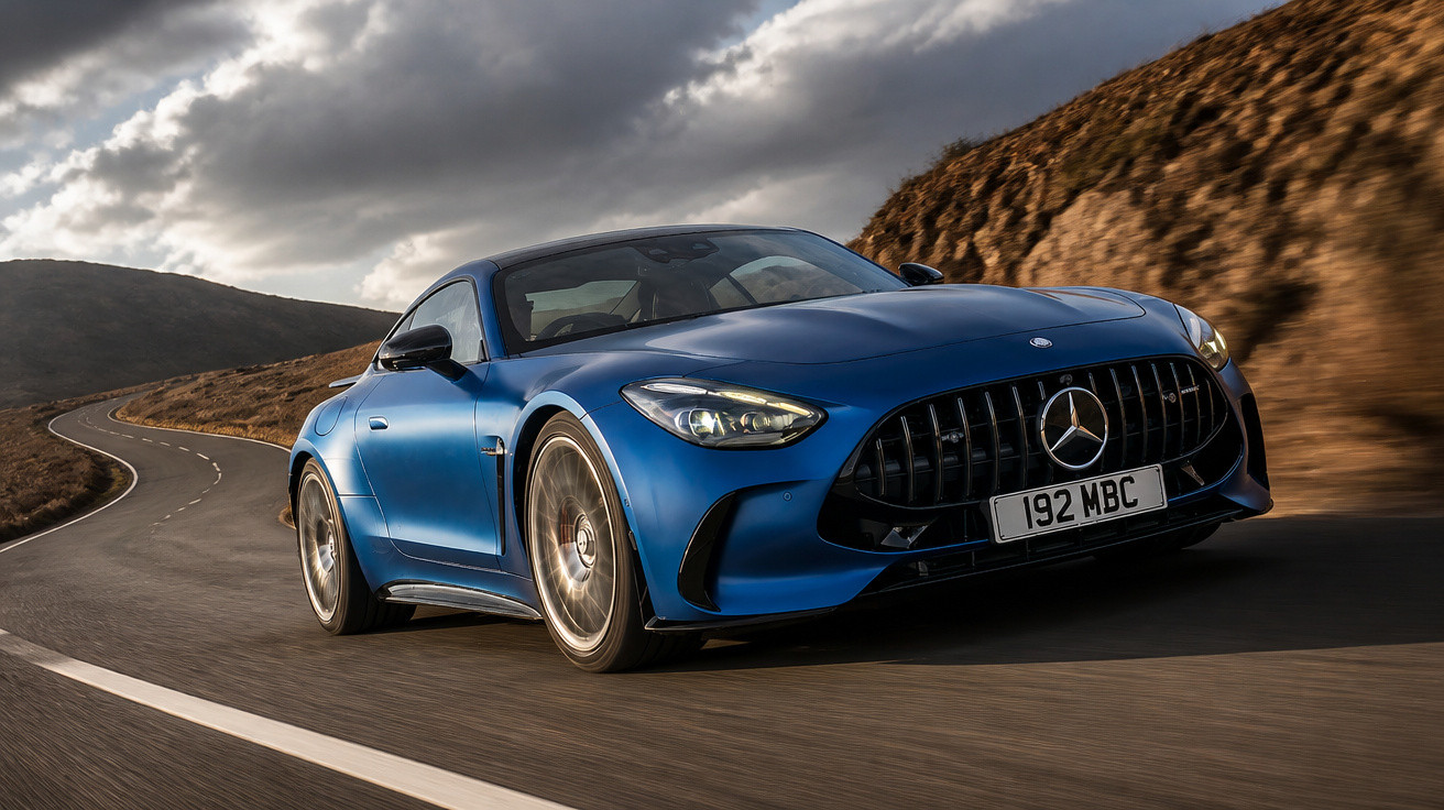 Carro esportivo azul Mercedes-Benz em curva de estrada montanhosa com céu nublado ao fundo.
