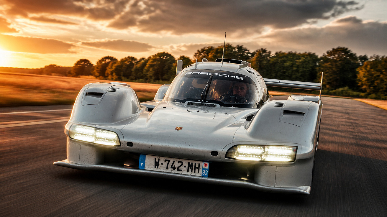 Carro de corrida Porsche branco em alta velocidade ao pôr do sol em estrada cercada por árvores.