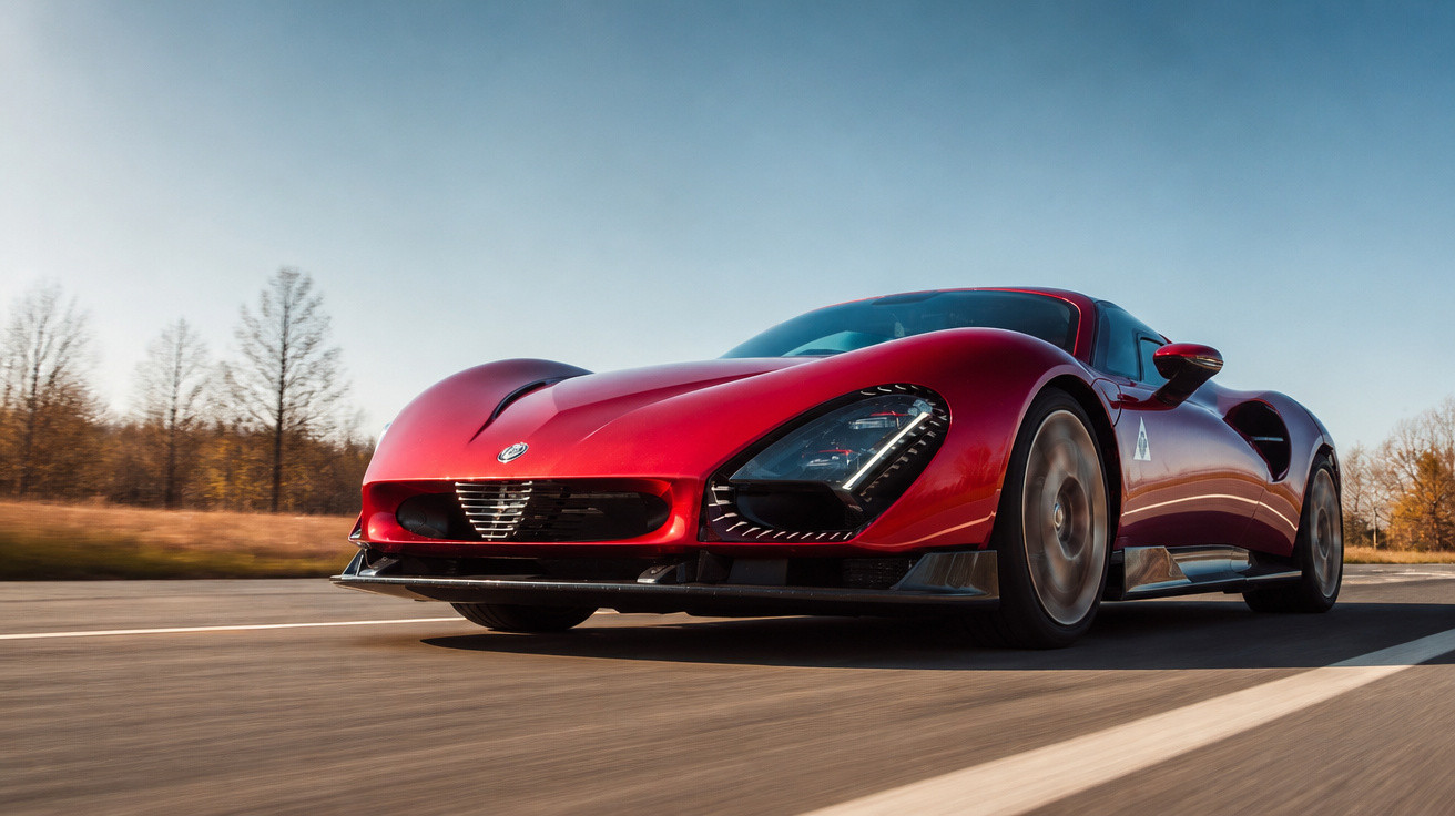 Carro esportivo vermelho Alfa Romeo com design aerodinâmico em estrada asfaltada sob céu claro.