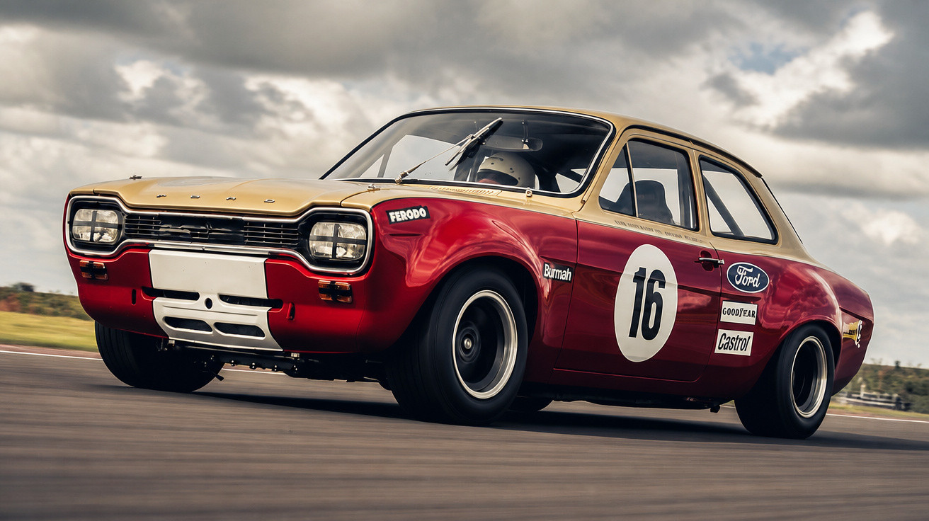 Carro de corrida Ford Escort MK1 vermelho e amarelo com número 16 em pista sob céu nublado.