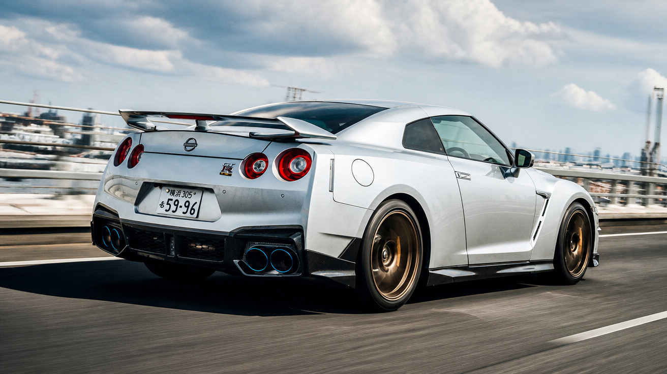 Carro esportivo Nissan GT-R prata em movimento na estrada com céu nublado ao fundo.