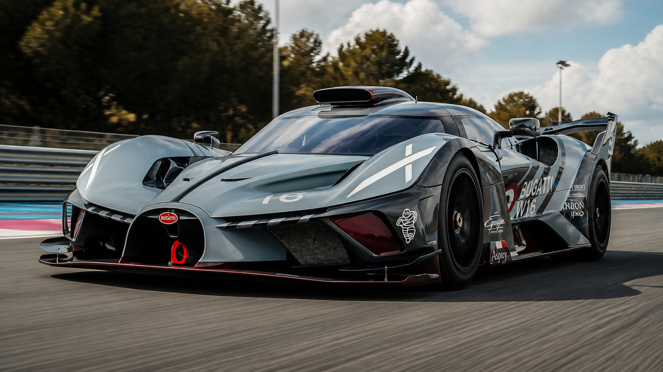 Carro esportivo Bugatti cinza de alta performance em pista de corrida cercada por árvores.