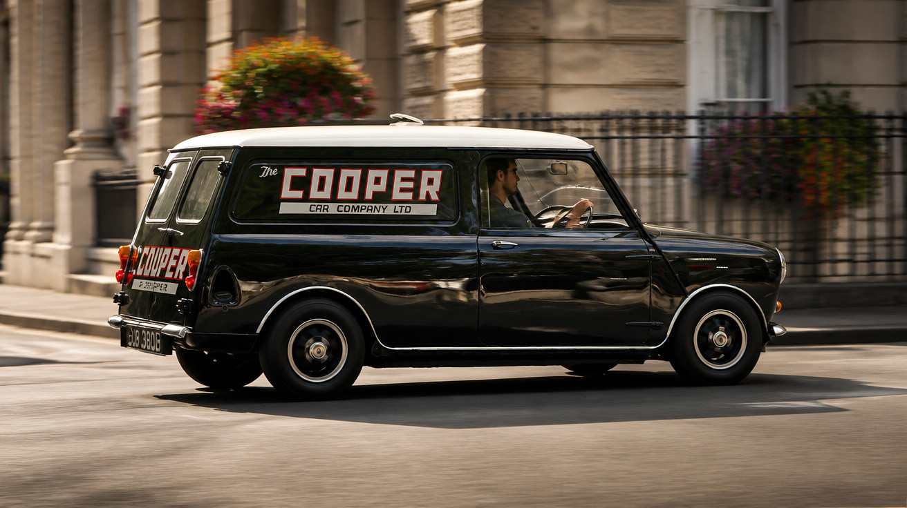 Carro clássico Mini Cooper preto com adesivo "The Cooper Car Company Ltd" circulando em rua urbana.