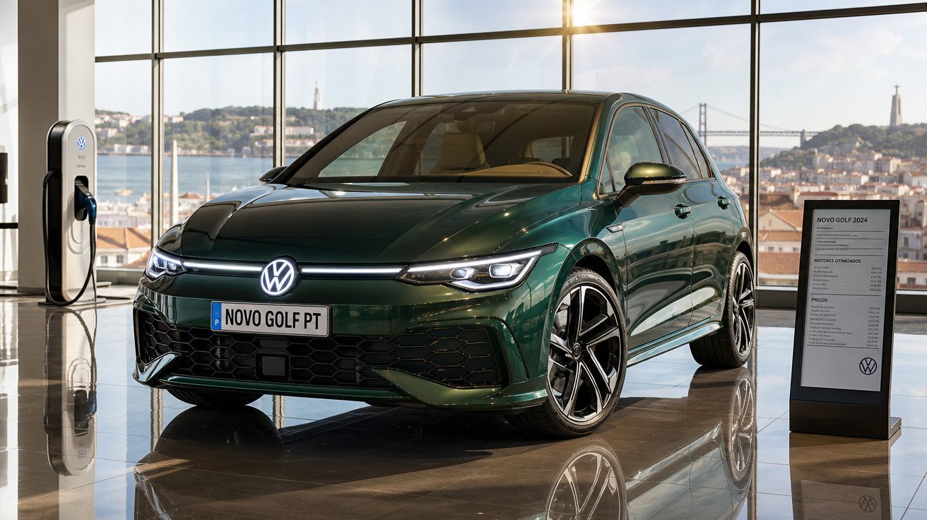 Carro Volkswagen Golf verde exposto em showroom com vista panorâmica da cidade ao fundo.