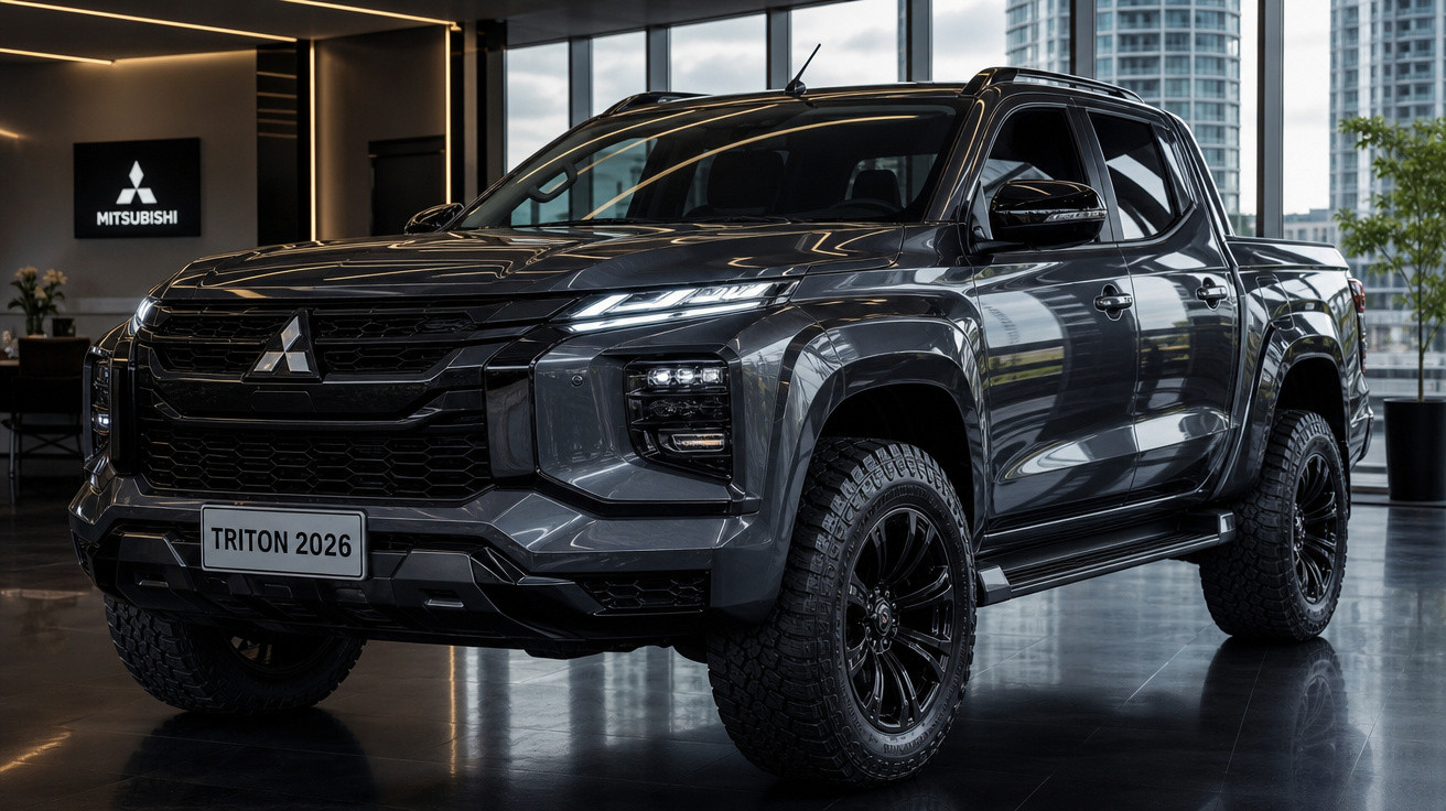 Picape preta Mitsubishi Triton 2026 exibida em showroom moderno com janelas amplas.