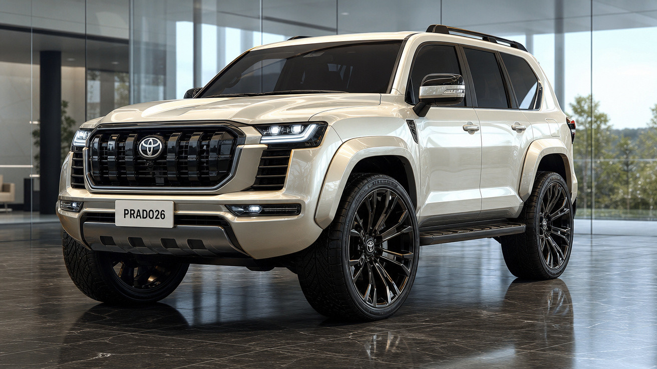 SUV Toyota Prado 2024 bege exibida em showroom moderno com rodas pretas grandes.