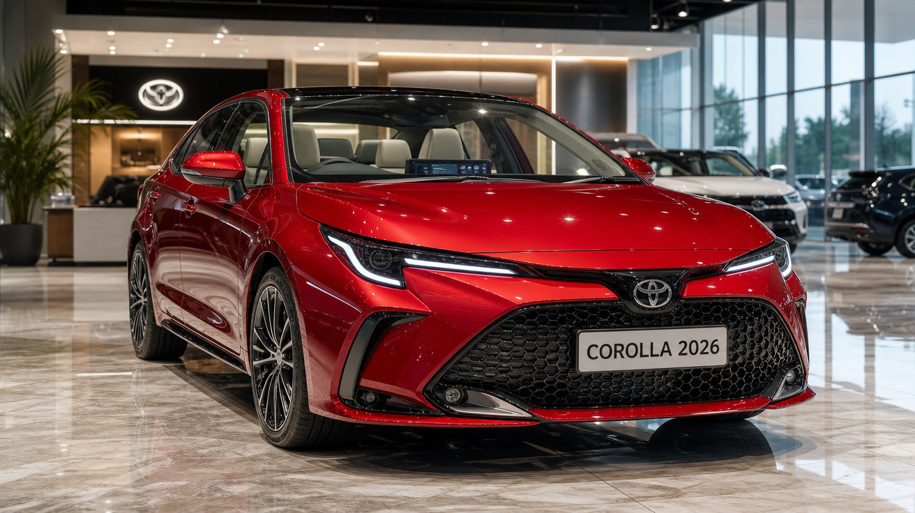 Carro Toyota Corolla 2026 vermelho em exposição dentro de concessionária moderna com piso refletivo.