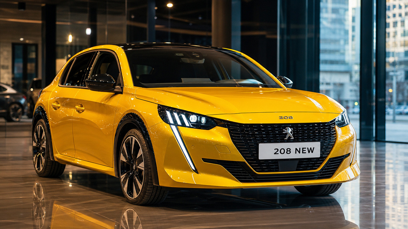 Carro esportivo amarelo Peugeot 208 New em exposição dentro de showroom moderno e iluminado.