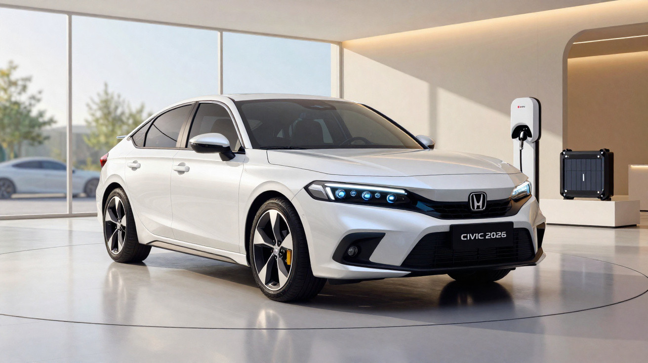 Carro Honda Civic branco 2026 em ambiente interno moderno com carregador elétrico na parede.