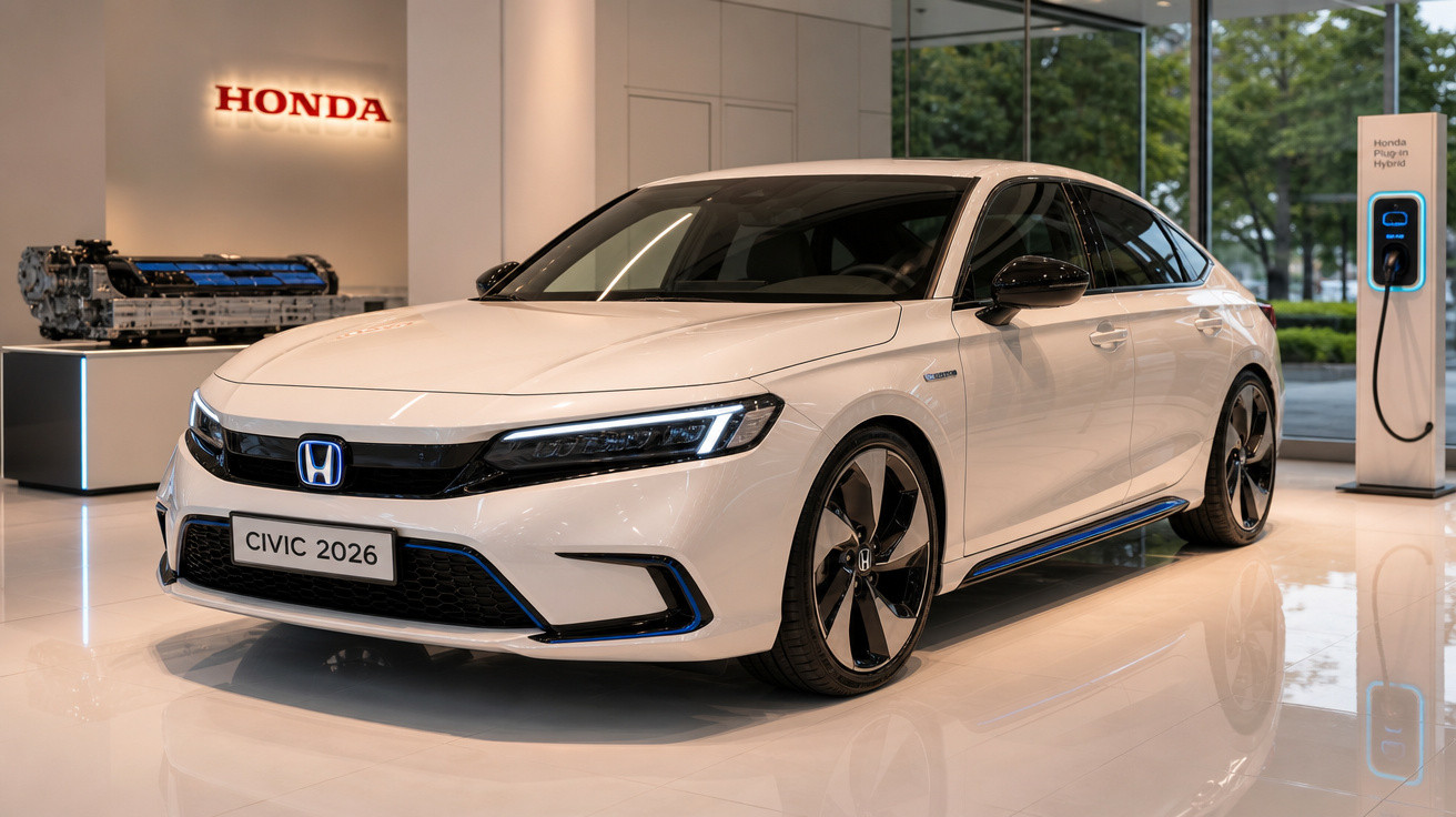 Carro Honda Civic 2026 branco exibido em showroom moderno com carregador elétrico ao fundo.