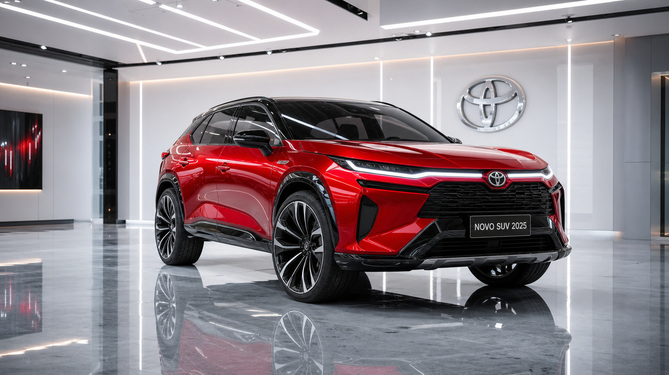 SUV Toyota vermelho 2025 em ambiente interno moderno com piso refletivo e iluminação branca.