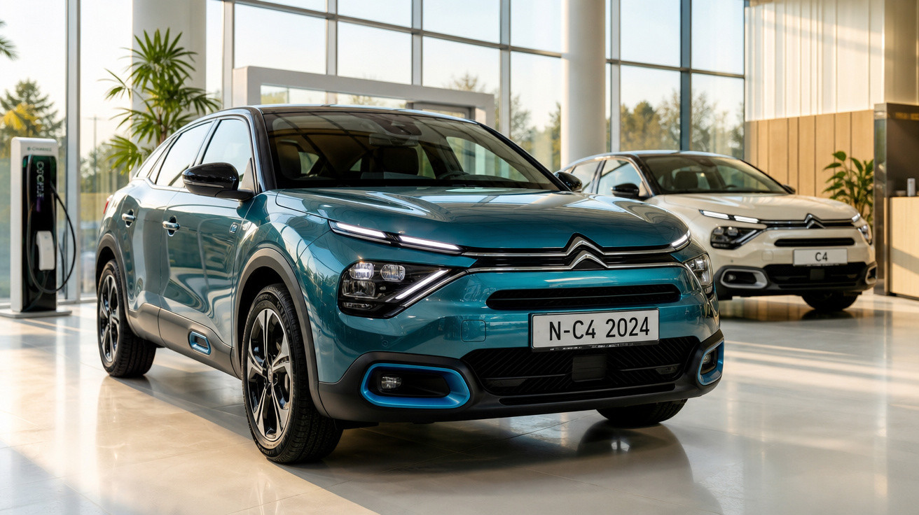 Carros elétricos Citroën N-C4 2024 e C4 branco em exposição em showroom moderno iluminado.